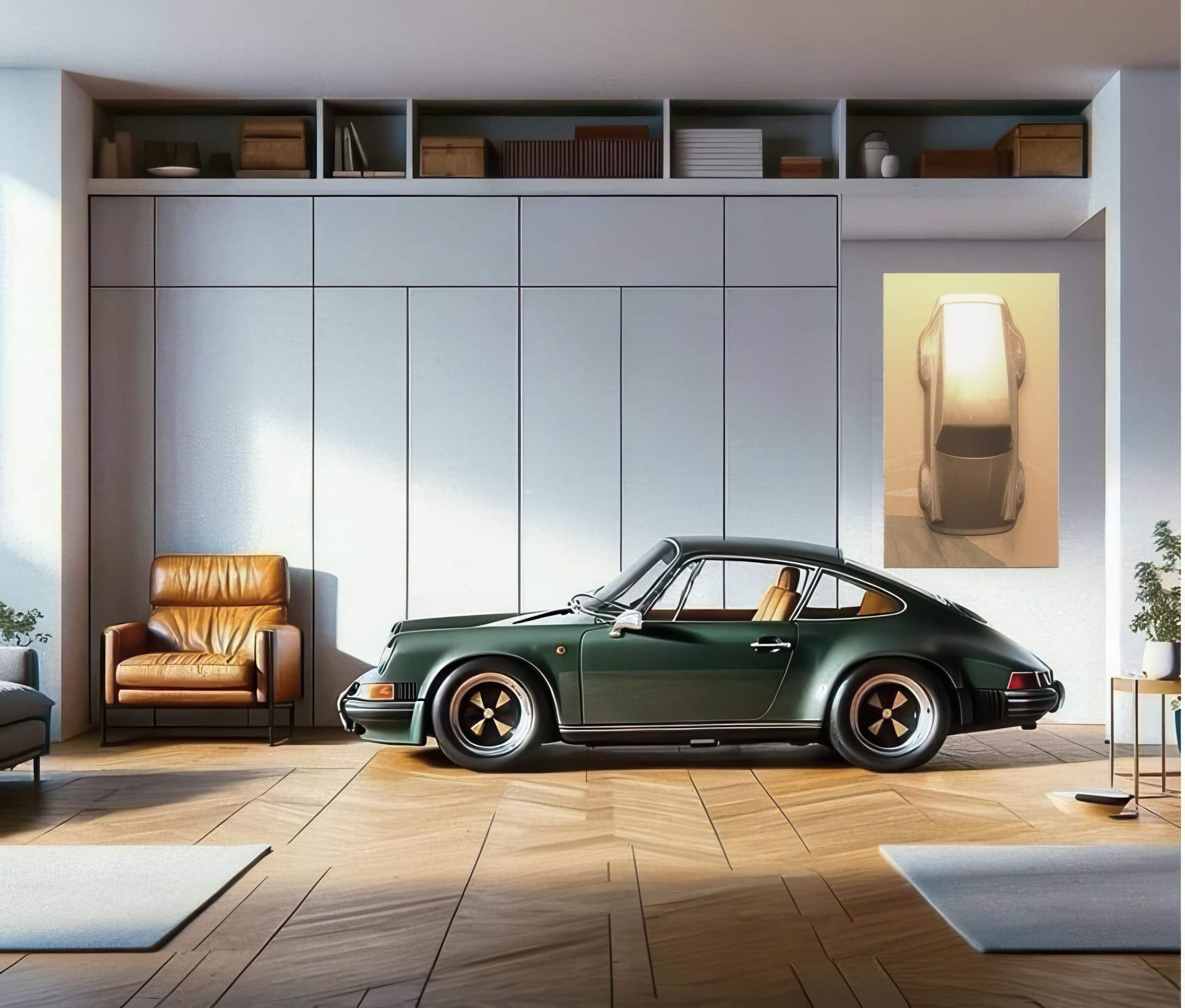Groene Porsche 911 in een lichte woonruimte